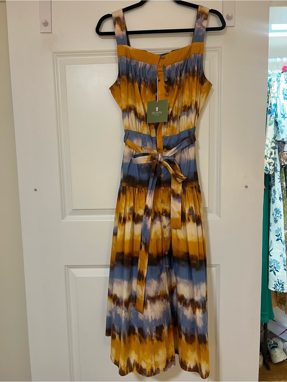 Olivia Mustard & Blue Tie-Dye Button-Front Maxi Dress with Self-Tie Waist